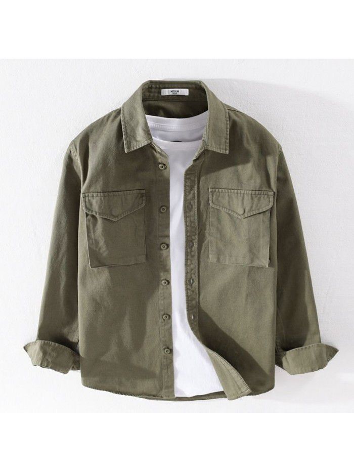Men's spring and autumn Cotton Long Sleeve Shirt loose casual youth pure color cotton shirt coat simple versatile 9370 