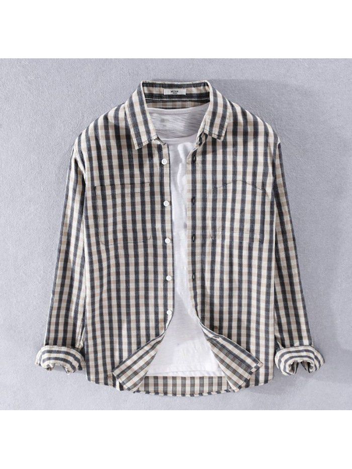 In spring and autumn, men's small Plaid literature and art leisure long sleeve shirt is popular, Japanese small fresh pure cotton shirt 9403 