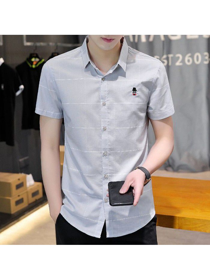  summer new men's short sleeve shirt fashion men's casual Plaid Lapel shirt cardigan men's thin top 
