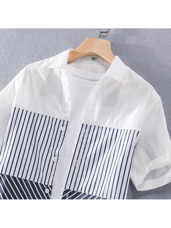 Fashion splicing summer new men's shirt stripe casual loose art small fresh thin cotton shirt 9738 