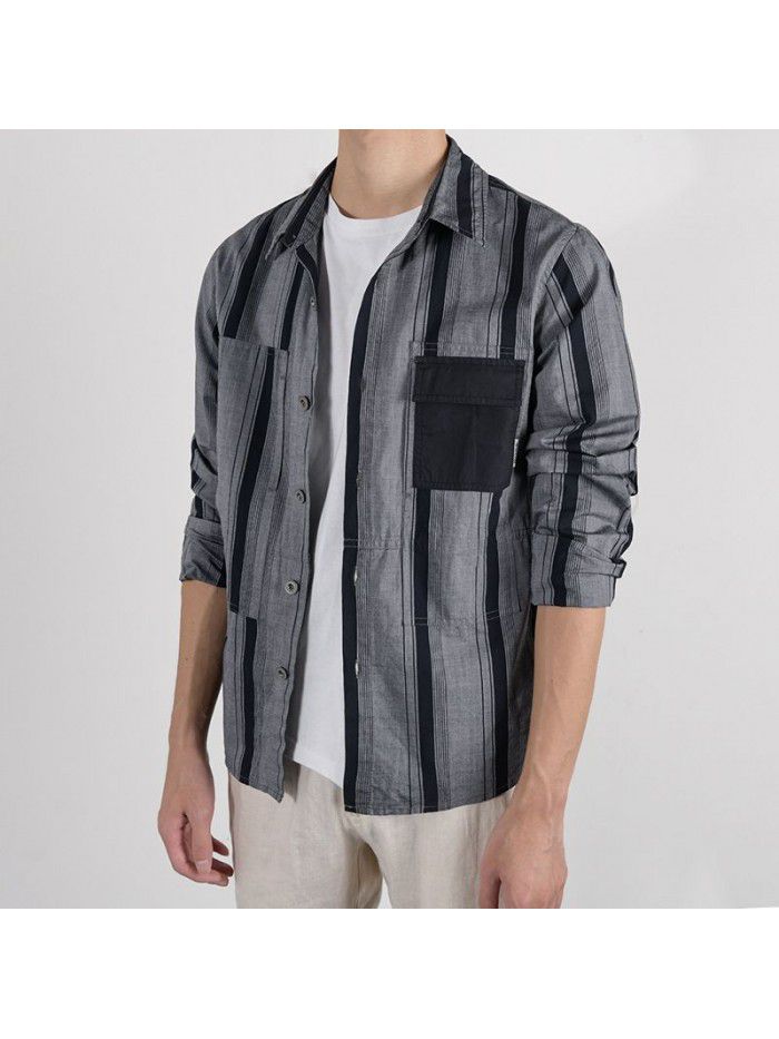 Japanese fashion men's casual LONG SLEEVE SHIRT COTTON irregular stripe patchwork retro popular men's shirt 9387 