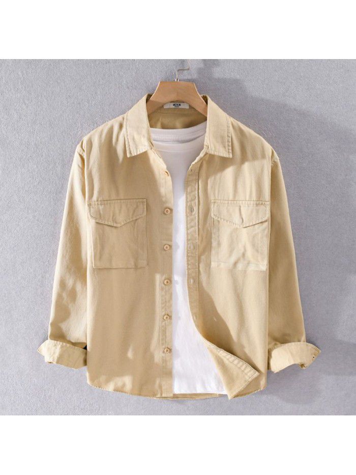 Men's spring and autumn Cotton Long Sleeve Shirt loose casual youth pure color cotton shirt coat simple versatile 9370 