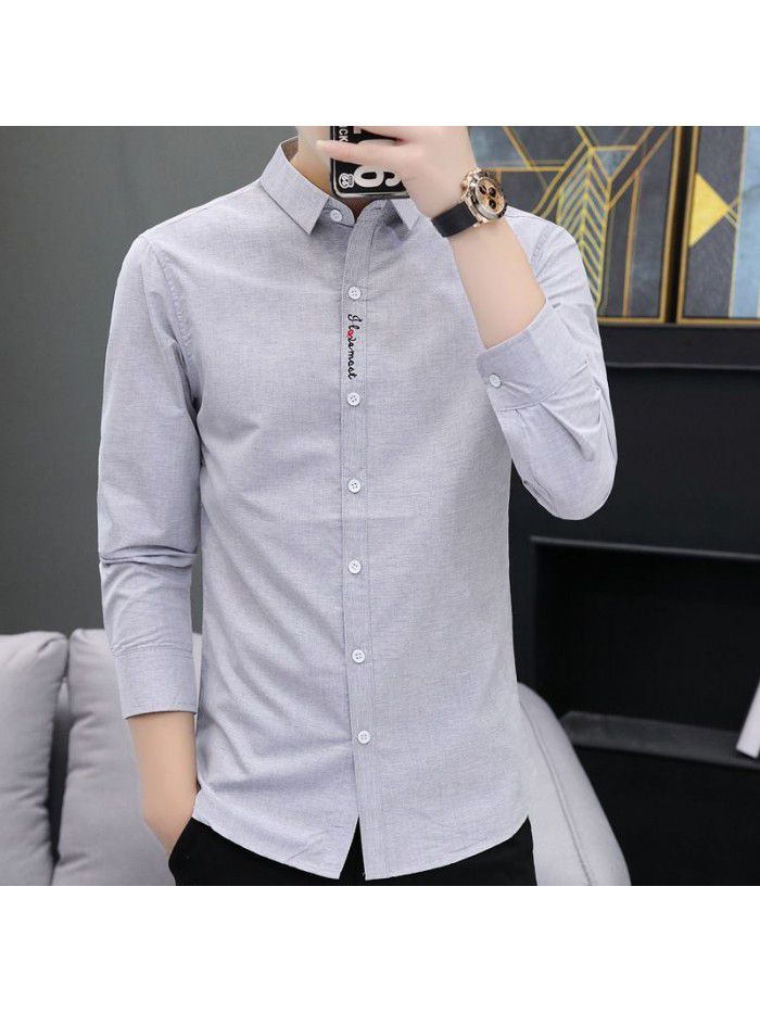 new men's leisure Long Sleeve Shirt Youth slim fit no iron shirt men's Korean fashion student 