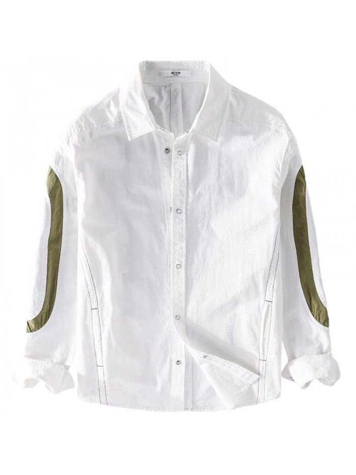 New casual men's long sleeve cotton shirt trend splicing color contrast retro youth shirt 9449 
