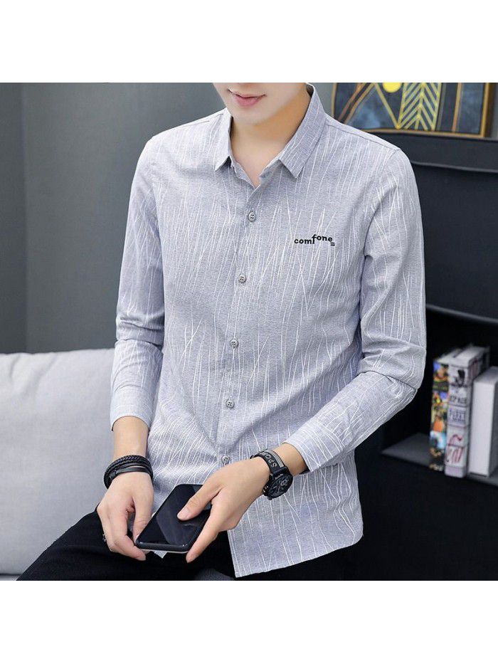 new men's leisure Long Sleeve Shirt Youth slim fit no iron shirt men's Korean fashion student 