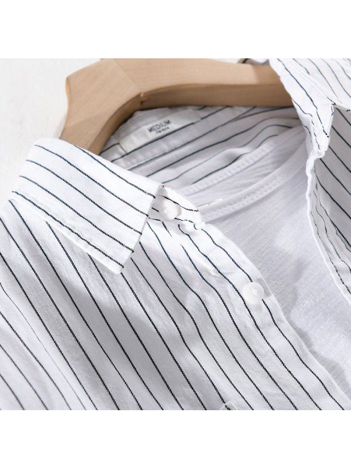 Handsome men's fashion striped long sleeve shirt Japanese fresh simple versatile cotton popular young men's shirt 9398 