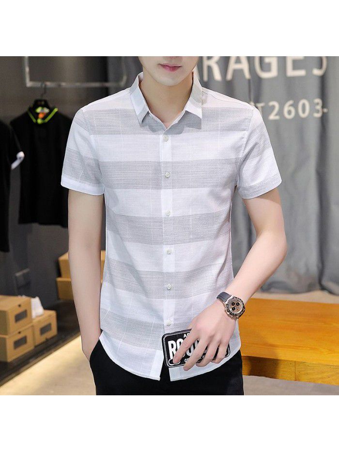  summer new men's short sleeve shirt fashion men's casual Plaid Lapel shirt cardigan men's thin top 