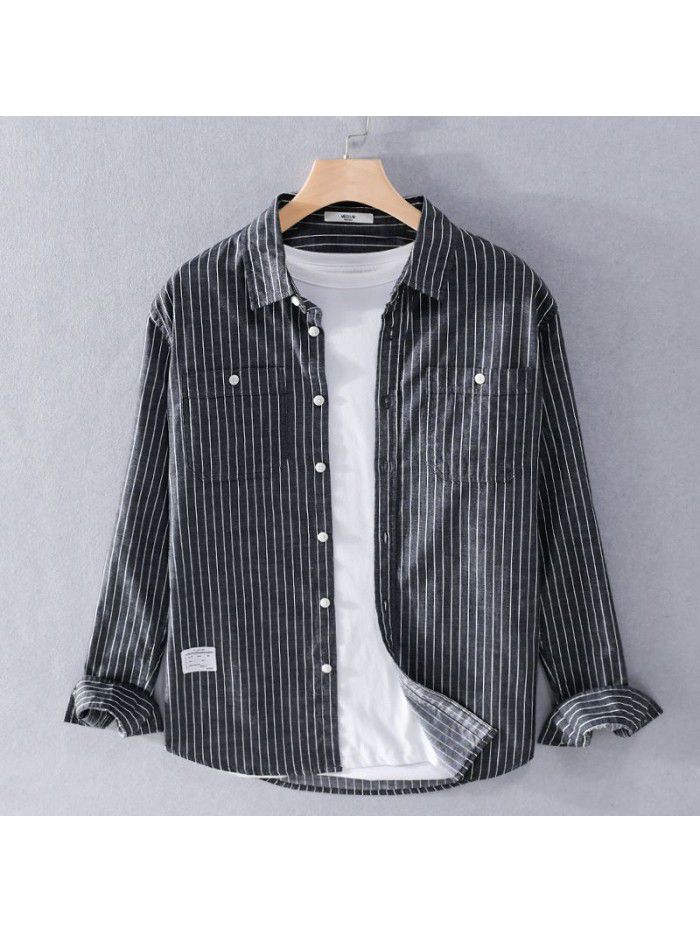 Handsome men's fashion striped long sleeve shirt Japanese fresh simple versatile cotton popular young men's shirt 9398 