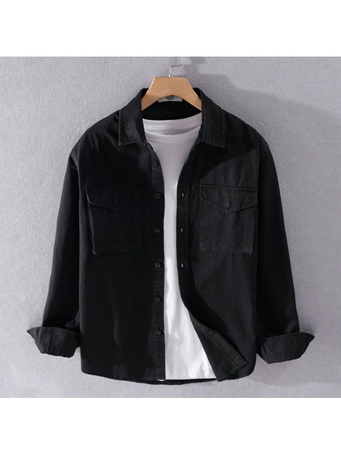 Men's spring and autumn Cotton Long Sleeve Shirt loose casual youth pure color cotton shirt coat simple versatile 9370 