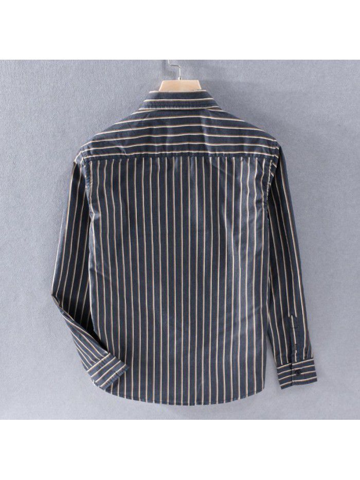 Japanese casual long sleeve men's shirt fashion stripe youth cotton shirt fashion men's color matching top 9730 