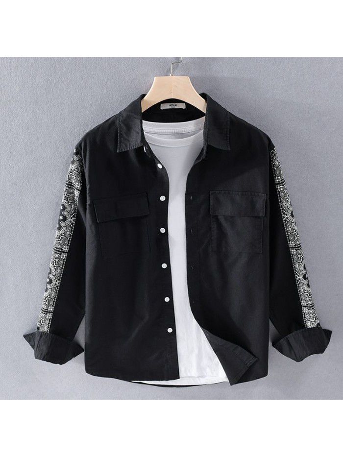 Men's Japanese comfortable printing long sleeve cotton shirt spring new trend handsome youth art shirt 9443 