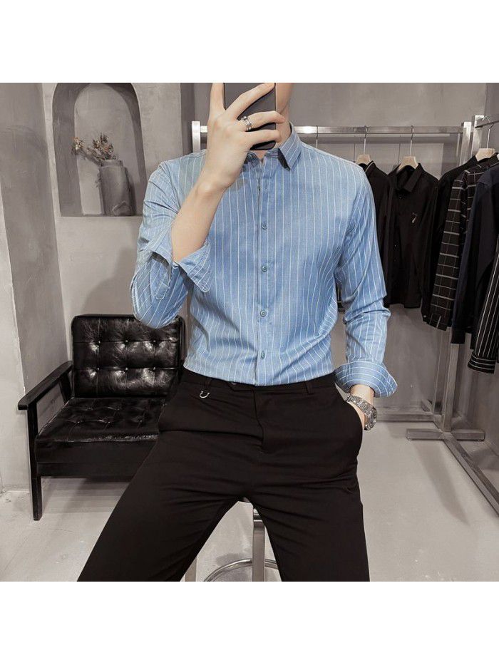  spring and summer shirt men's Korean version slim Lapel men's Striped Shirt Men's casual business professional shirt 