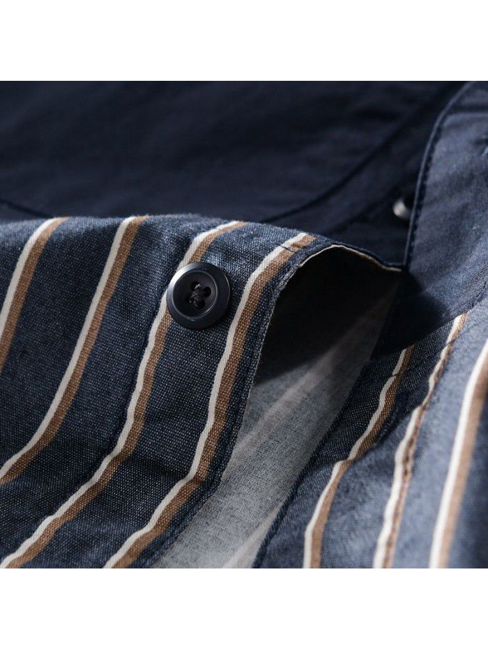 Japanese casual long sleeve men's shirt fashion stripe youth cotton shirt fashion men's color matching top 9730 