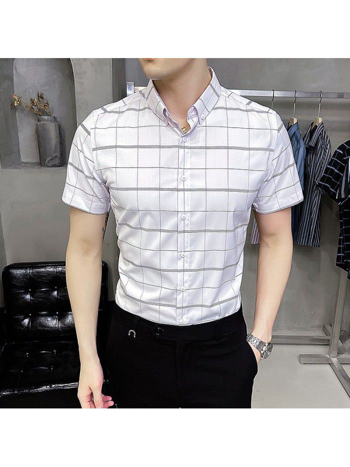  summer new men's Short Sleeve Shirt Korean casual Lapel Plaid professional thin short sleeve shirt men's 