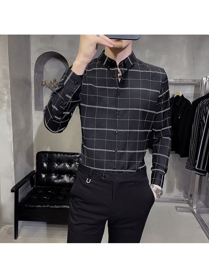  spring and summer shirt men's Korean version slim Lapel men's Striped Shirt Men's casual business professional shirt 