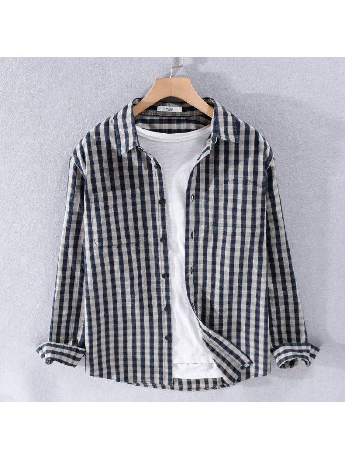 In spring and autumn, men's small Plaid literature and art leisure long sleeve shirt is popular, Japanese small fresh pure cotton shirt 9403 