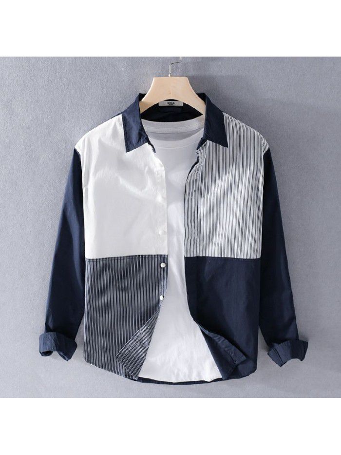 Spring men's new color matching cotton shirt youth leisure fresh cool comfortable bottomed men's shirt 9729 