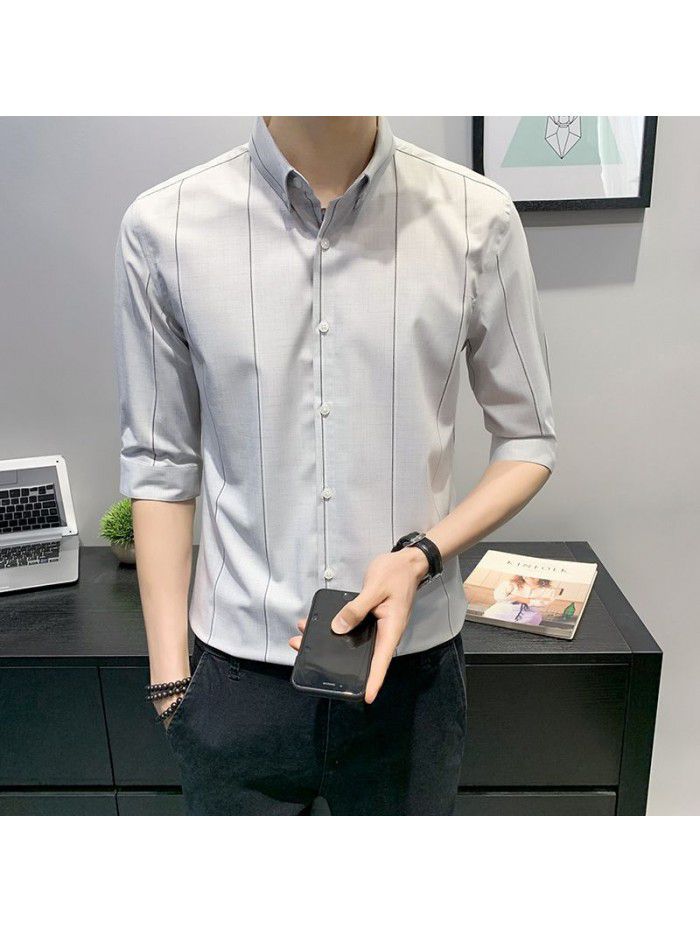  counter new men's medium sleeve shirt Korean version slim Lapel Stripe Shirt cardigan men's professional top 