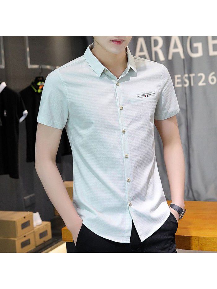  summer new men's short sleeve shirt fashion men's casual Plaid Lapel shirt cardigan men's thin top 