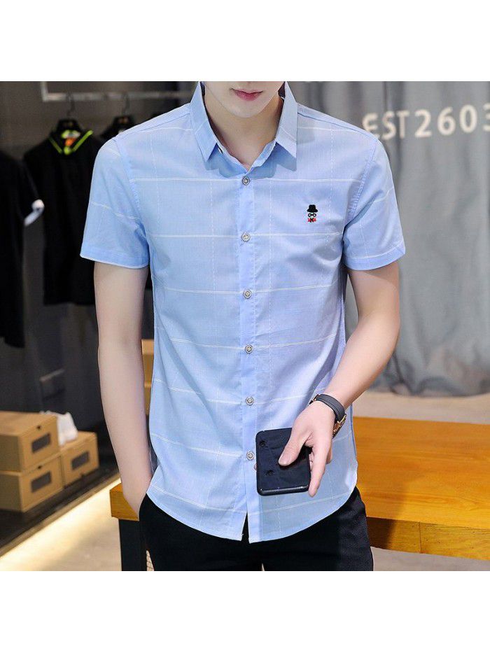  summer new men's short sleeve shirt fashion men's casual Plaid Lapel shirt cardigan men's thin top 