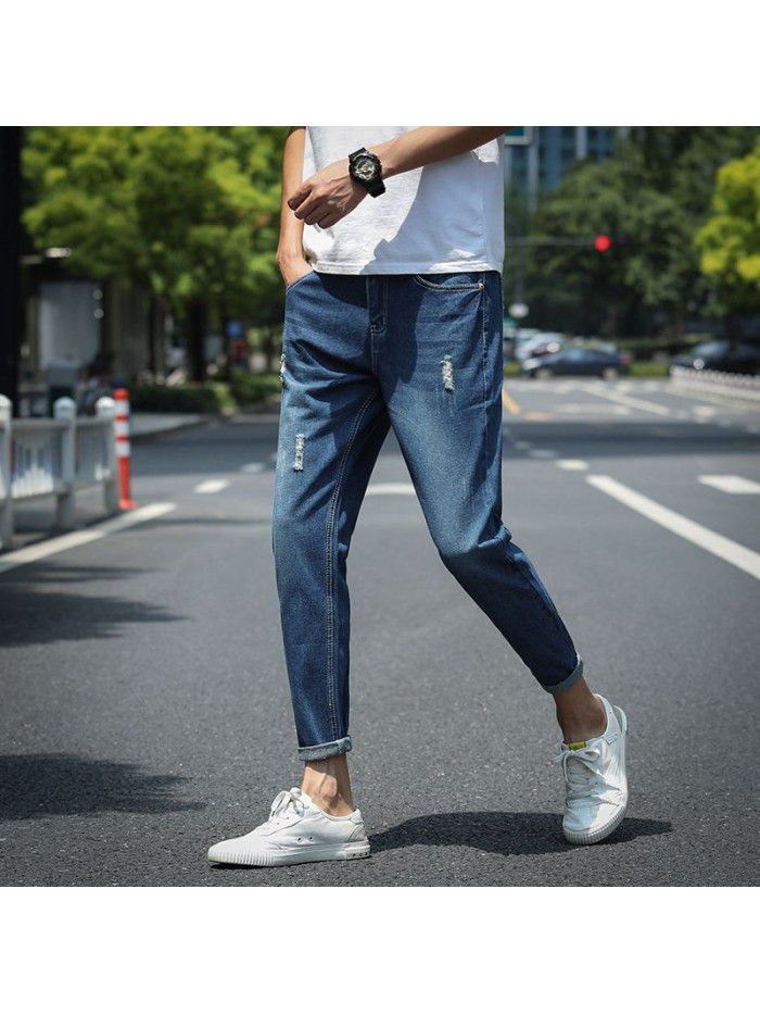 Spring and summer new fashion brand pierced jeans men's Korean slim pants men's trend youth casual Capris 