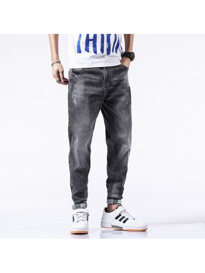 Spring and summer new jeans men's fashion brand loose feet Harlan pants men's Korean fashion casual stretch Capris 