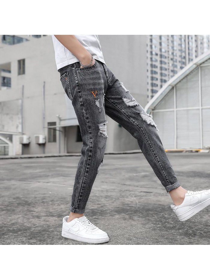 spring and summer new jeans men's Korean slim Leggings men's fashion simple casual Capris 