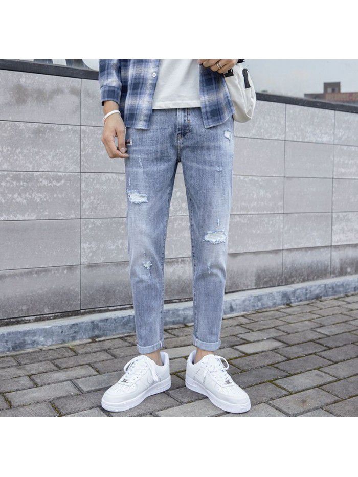 Hole jeans men's trendy Korean slim Leggings men's trendy casual stretch wash quarter pants 