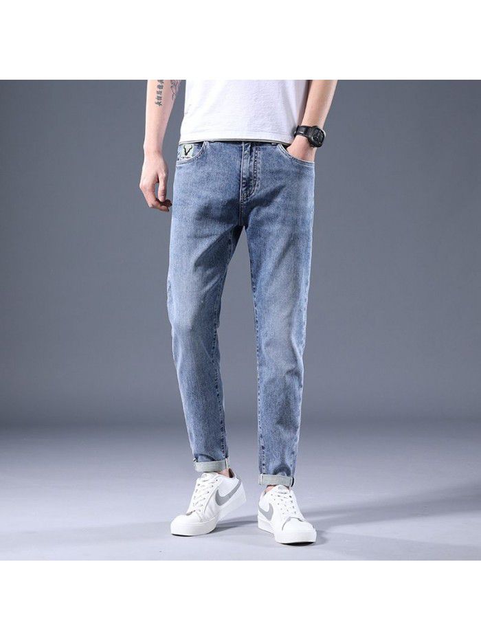 New men's jeans in spring and summer, slim Leggings in Korean, youth fashion, leisure, large elastic pants 