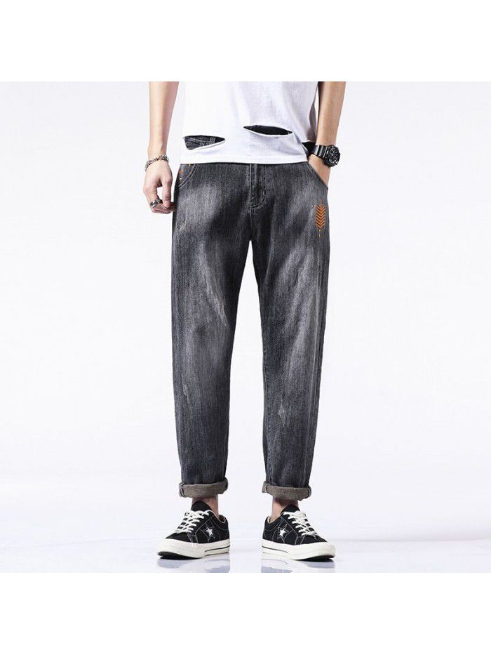 Spring and summer new embroidered stretch jeans men's fashion brand loose straight pants men's Korean casual harem Capris 