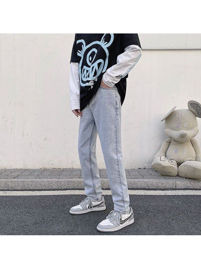  spring and summer new jeans men's fashion brand gangfenggao Street SLIM STRAIGHT wash youth trend long pants 
