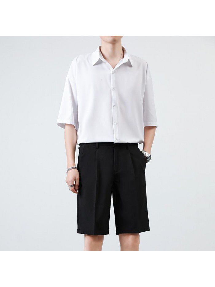 New Summer Shorts men's pants straight tube solid color men's youth casual Capris men's pants 