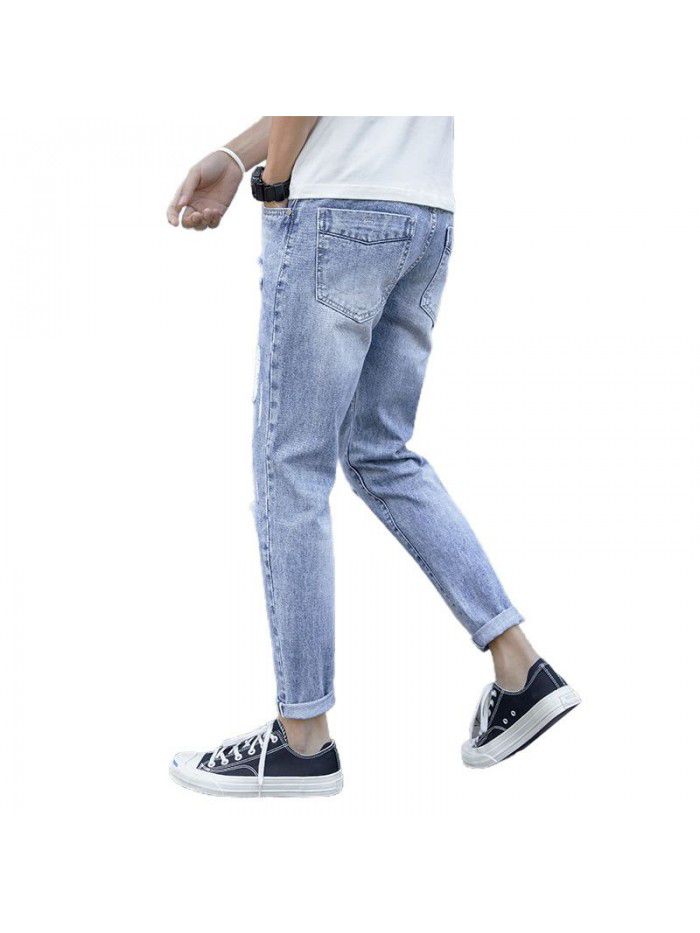  spring and summer new perforated jeans men's Korean slim Leggings men's trend youth casual Capris 
