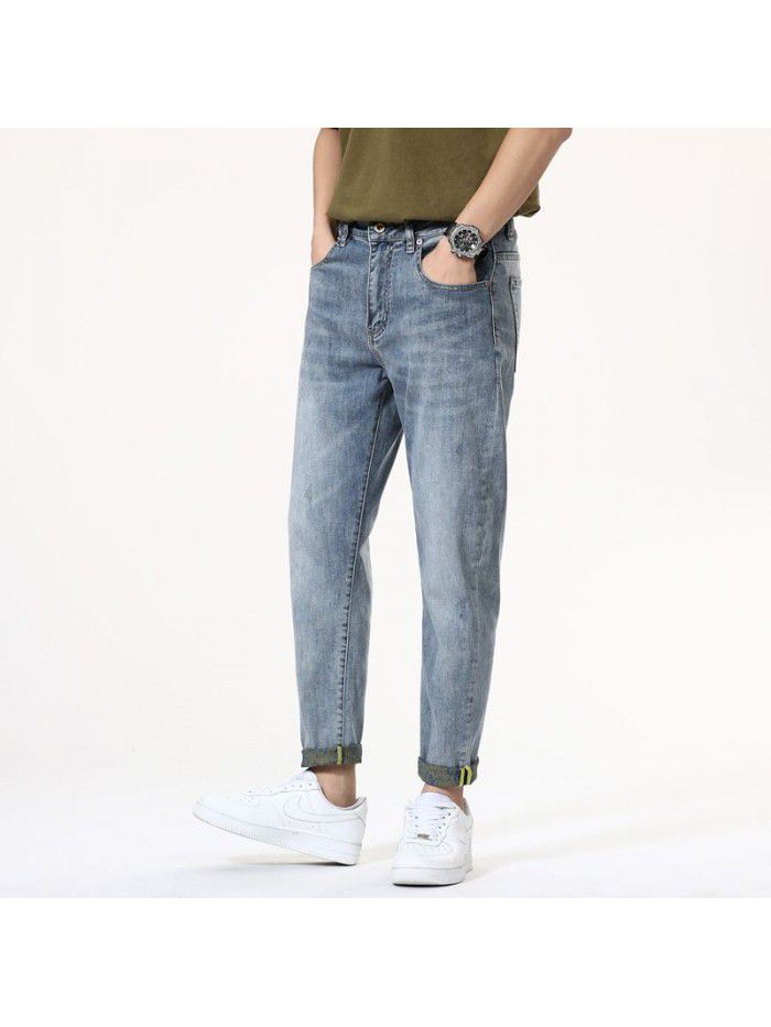 New fashion brand jeans in spring and summer of  men's slim elastic Leggings Korean fashion youth casual Capris 