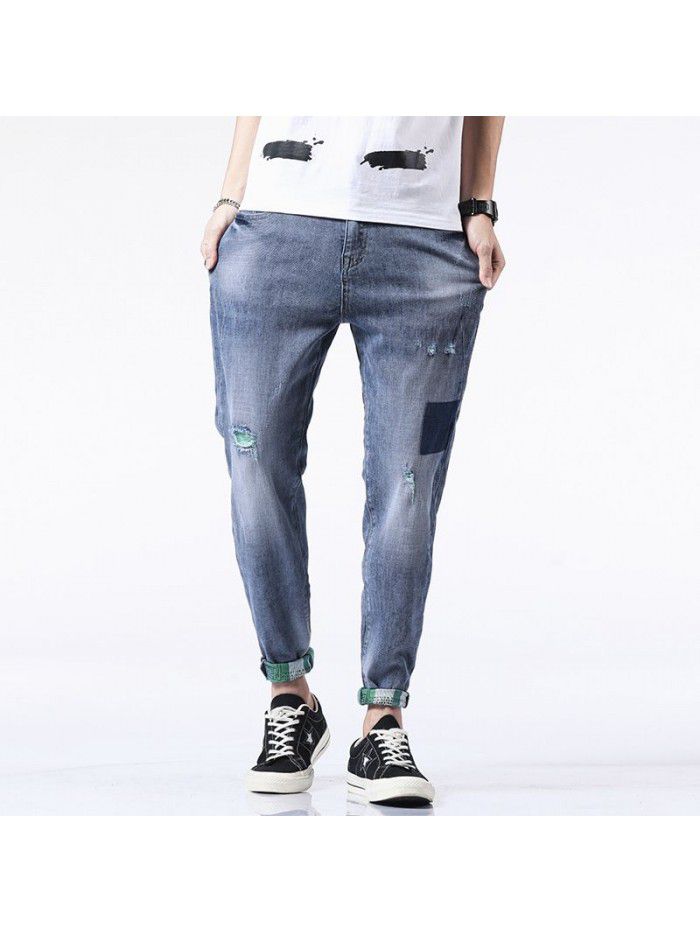Stretch holed jeans men's fashion brand loose feet Harlan pants men's fashion youth fashion casual Capris 