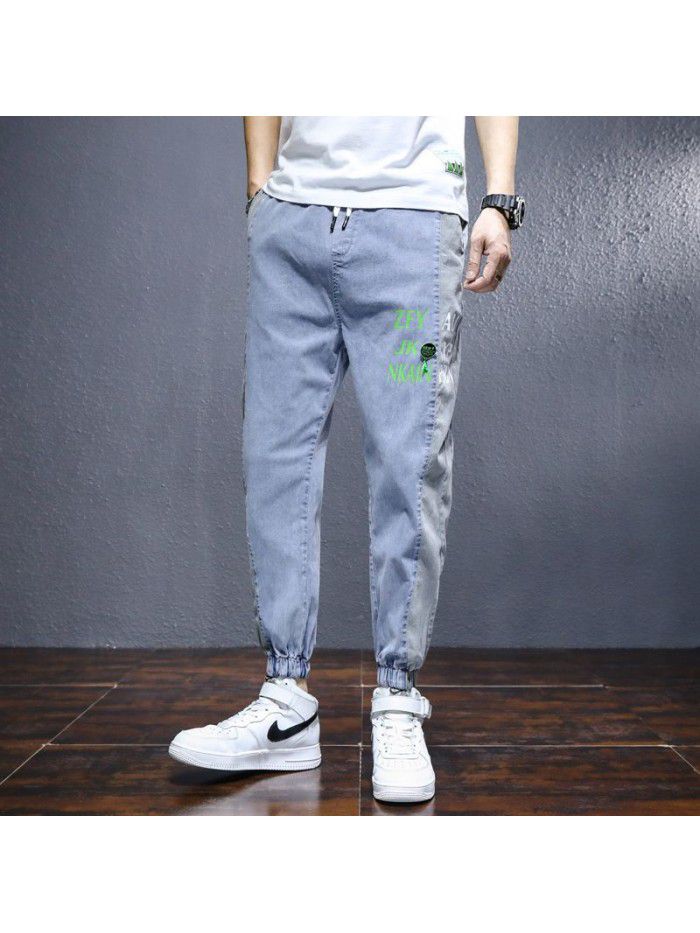 spring and summer new jeans men's fashion brand drawstring slim Korean men's youth leisure stretch pants 