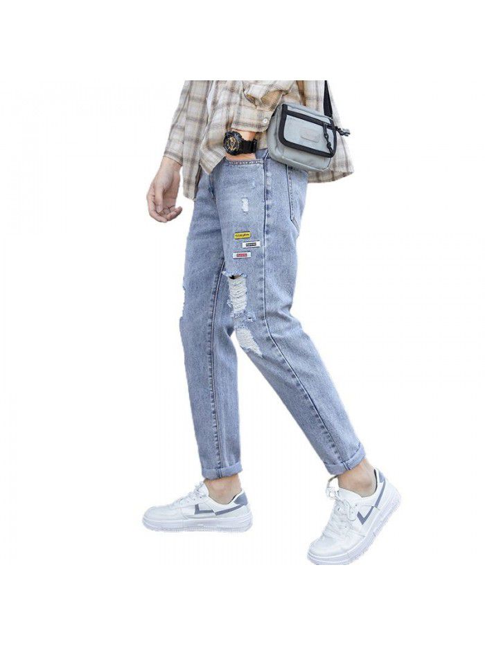 Chao brand water washed perforated jeans men's spring and summer new Korean slim Leggings men's youth casual Capris 