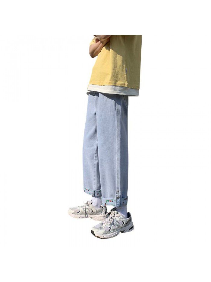 Spring  new Hong Kong Style washed jeans men's fashion brand loose straight wide leg Harlan casual Capris 