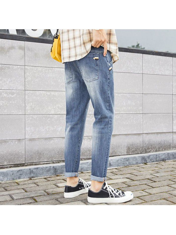Men's slim jeans spring and summer  new fashion brand Korean leisure trend elastic wash leg Capris 