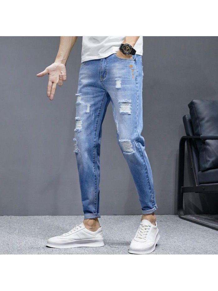 Hole jeans men's fashion brand spring summer Korean slim Leggings men's fashion simple casual quarter pants 