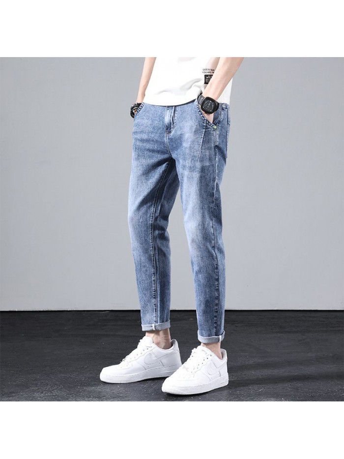 Jeans men's spring fashion brand loose Harlan straight pants men's trend youth fashion simple casual Capris 