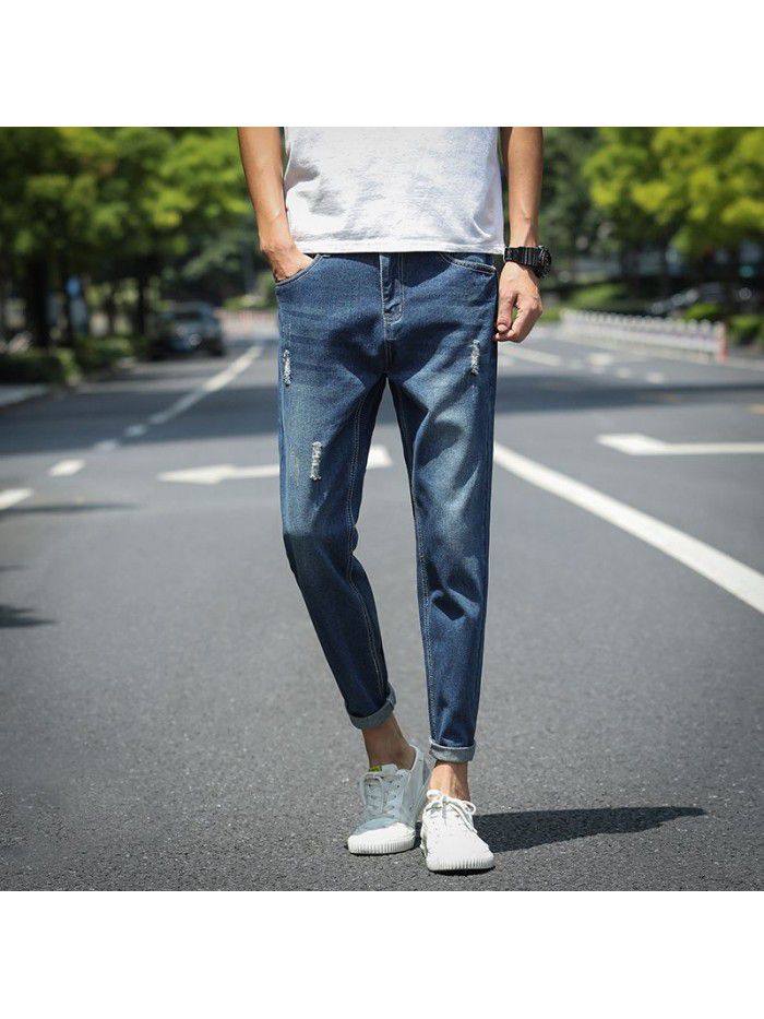Spring and summer new fashion brand pierced jeans men's Korean slim pants men's trend youth casual Capris 
