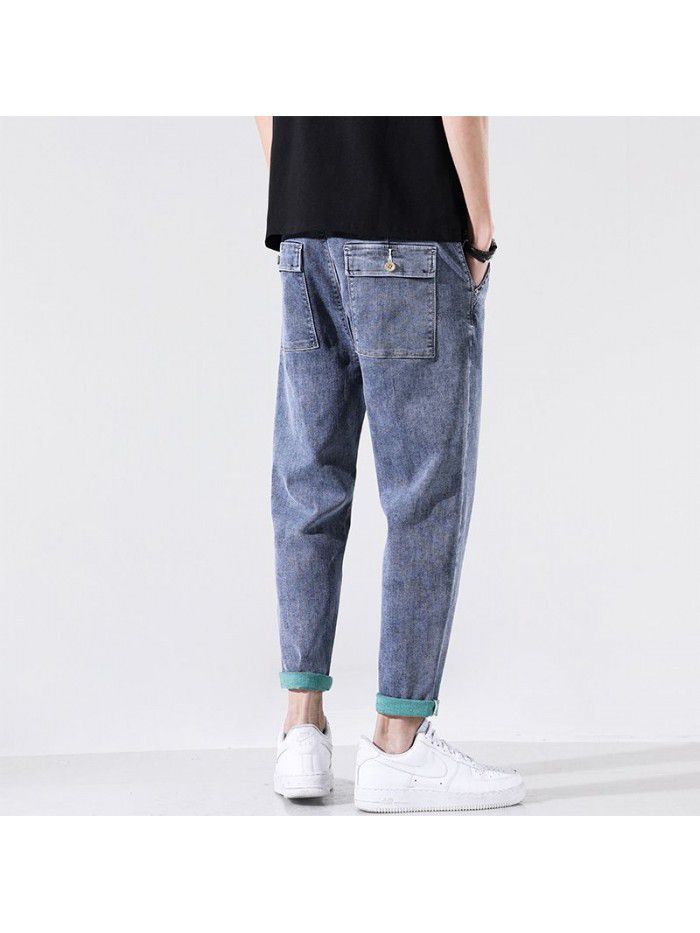 Spring and summer new jeans men's fashion brand loose straight pants men's youth Korean fashion casual stretch Capris 