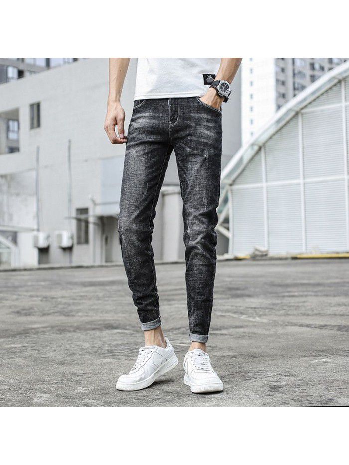 Spring and summer new fashion brand jeans men's Korean version slim personality trend fashion simple casual small foot quarter pants 