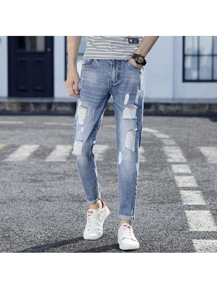 Spring and summer fashion brand jeans men's slim fit Korean leg pants men's youth trend holed casual harem Capris 