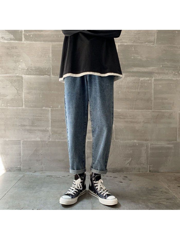 Men's fashion brand washed jeans men's trend loose straight wide leg Harem Pants men's Korean casual daddy pants 