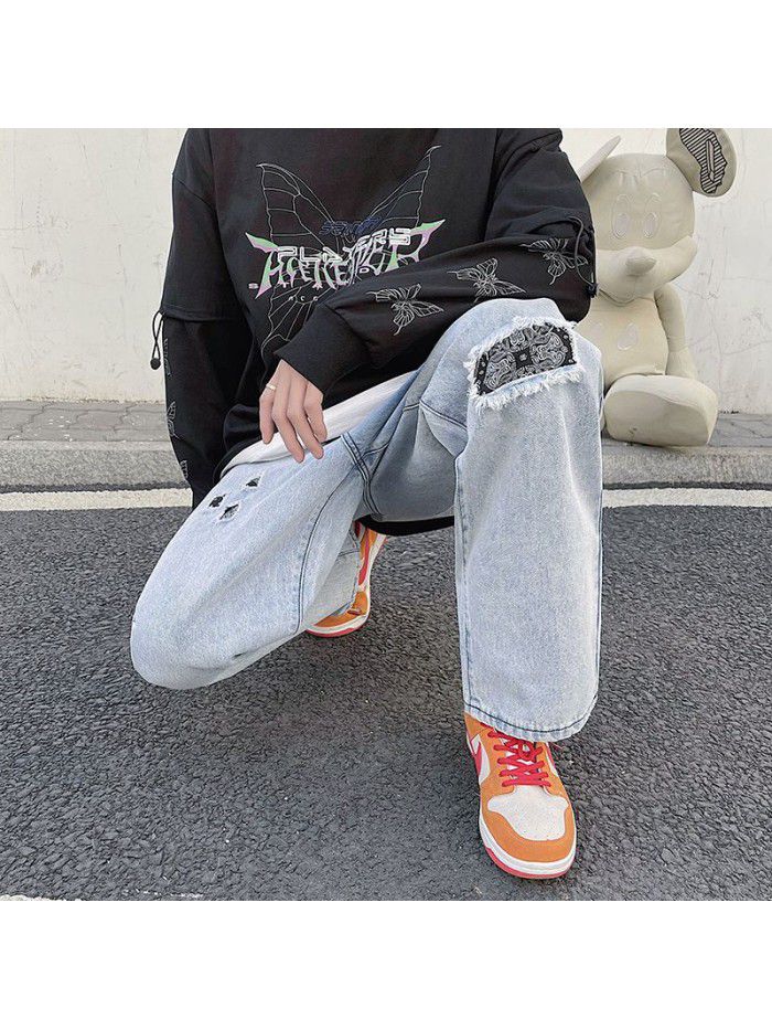 Spring and summer new fashion brand wash patch jeans men's loose straight pants men's fashion casual wide leg pants 