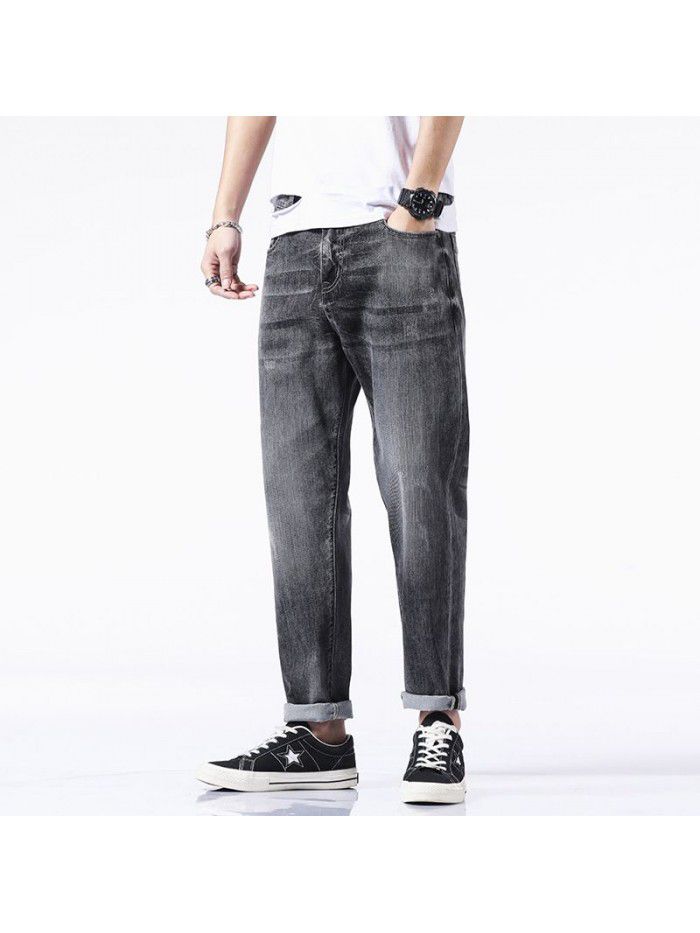Spring and summer new fashion brand jeans men's loose straight elastic pants men's fashion Korean casual harem Capris 