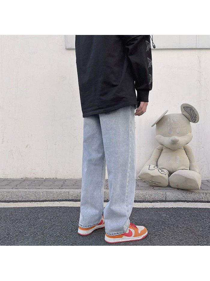 Spring and summer new fashion brand wash patch jeans men's loose straight pants men's fashion casual wide leg pants 