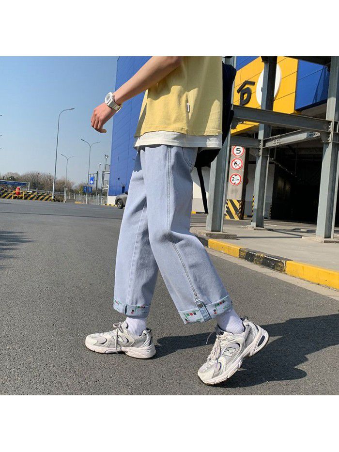 Spring  new Hong Kong Style washed jeans men's fashion brand loose straight wide leg Harlan casual Capris 